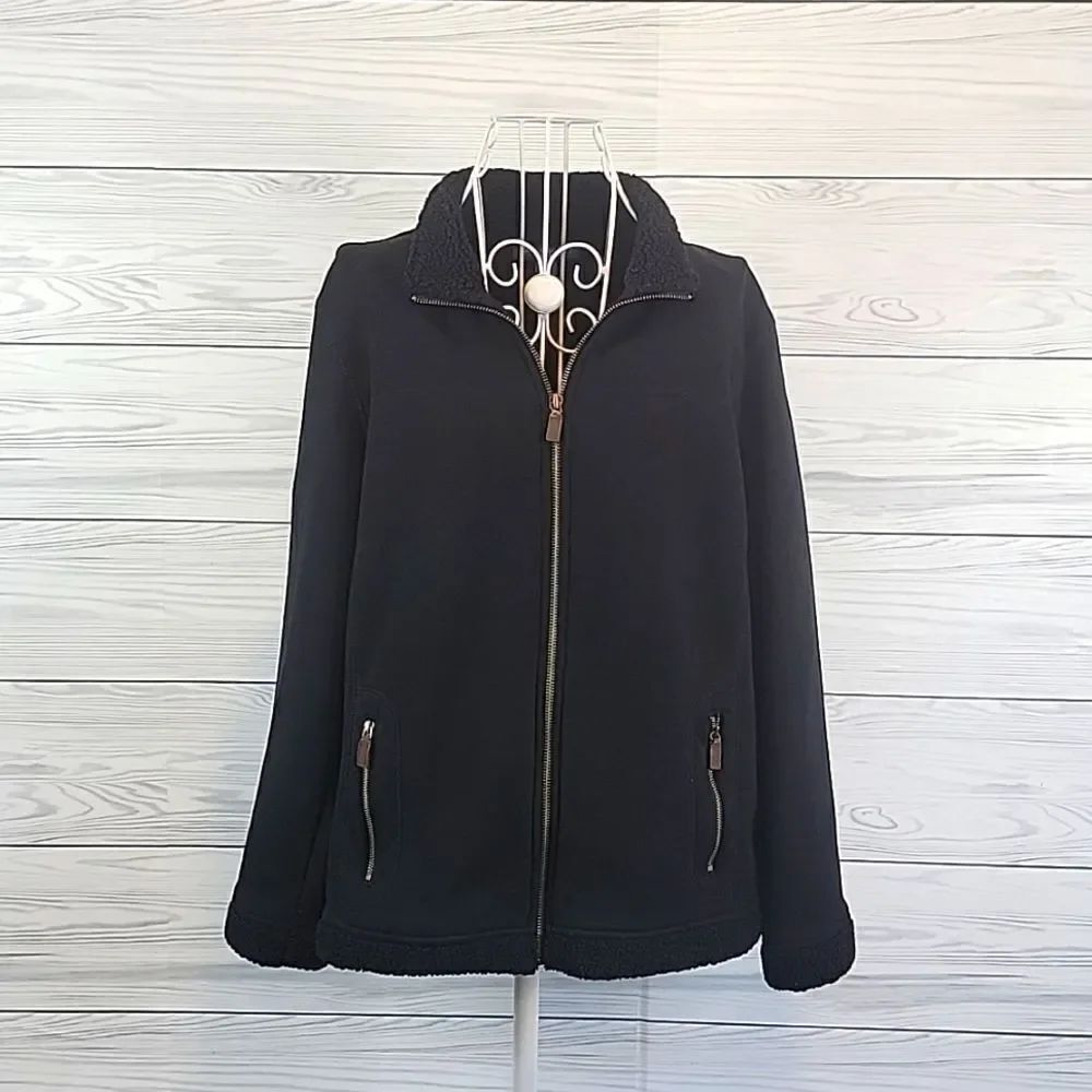 Karen Scott black sherpa fleece black zip front jacket Size M